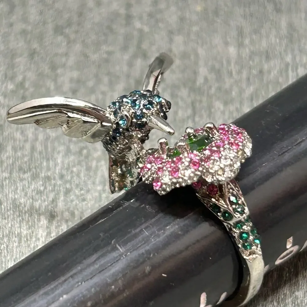 Hummingbird Cocktail Ring Size 9.5 Colorful CZ Flower Pave Bird Band Statement